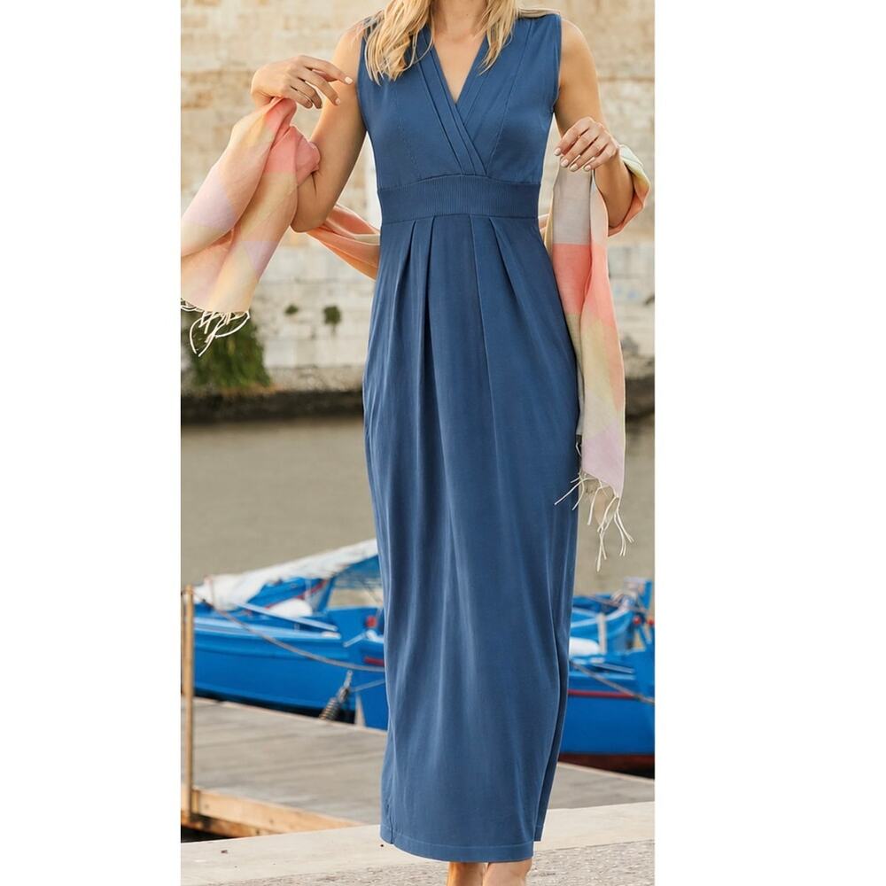 Peruvian Connection Dress Size Large Adriatico Long Blue Pima Cotton Maxi Pleat